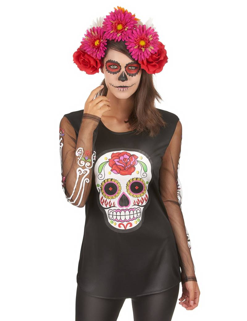 Tag der Toten Longsleeve-Shirt Sugar Skull schwarz-bunt von WIDMANN