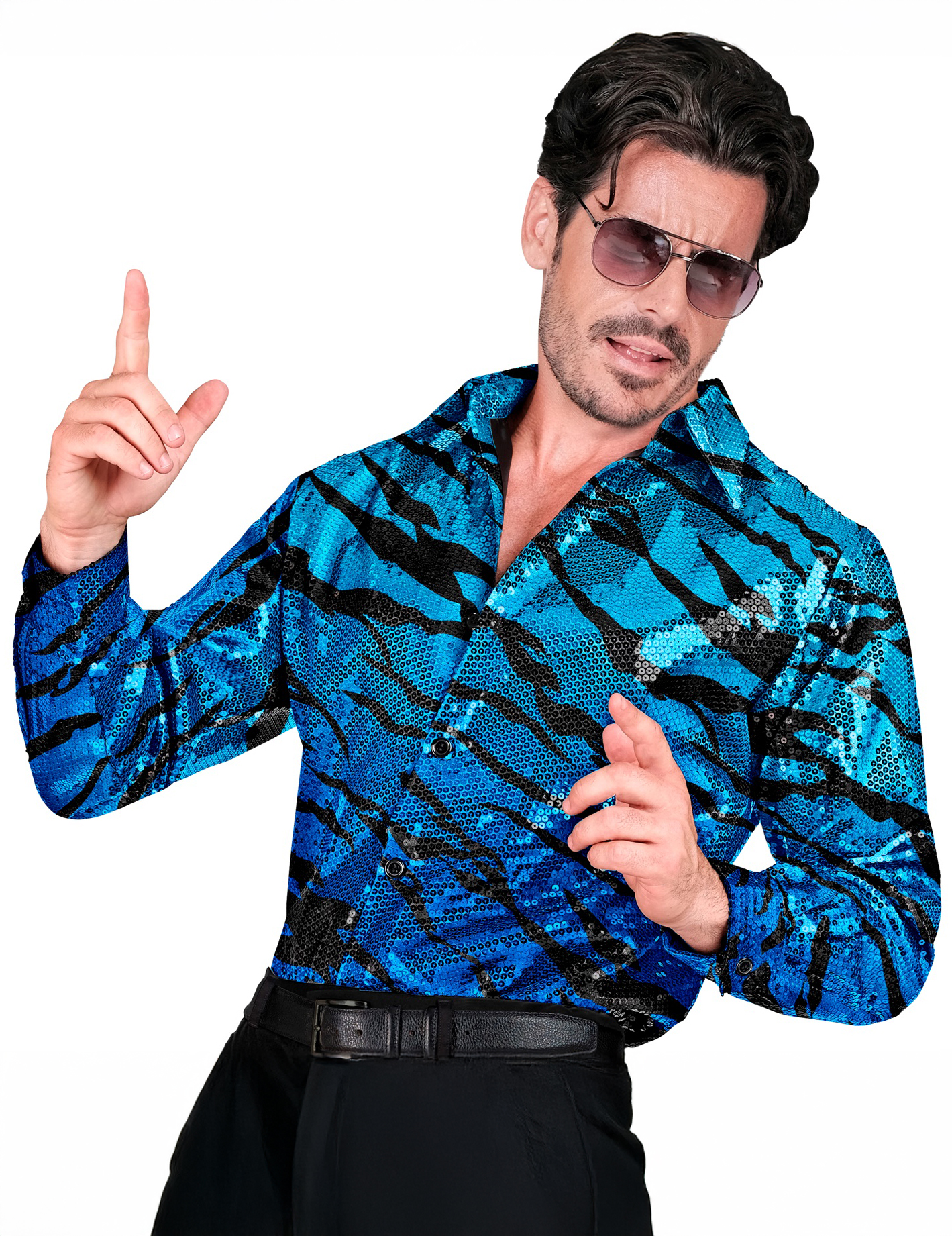Tigermuster Pailettenhemd für Herren blau Tigermuster Pailettenhemd für Herren blau von WIDMANN