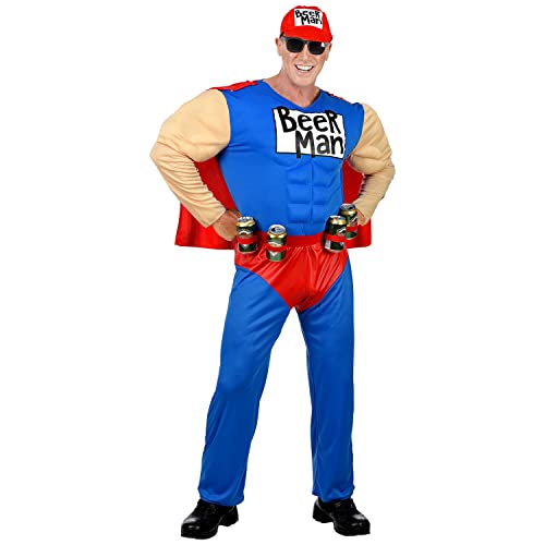 Widmann - Kostüm Super Bier Mann, Muskel Overall mit Umhang, Gürtel mit Dosenhalter, Basecap, Karneval, Mottoparty von W WIDMANN