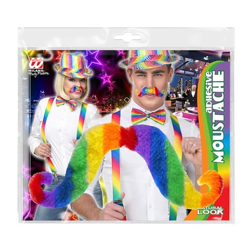 Widmann 07782 - Regenbogen-Bart zum Ankleben, selbstklebend, in Regenbogenfarben gestreift, Schnurrbart, Oberlippe, Make-Up, Accessoire, Karneval von W WIDMANN MILANO Party Fashion