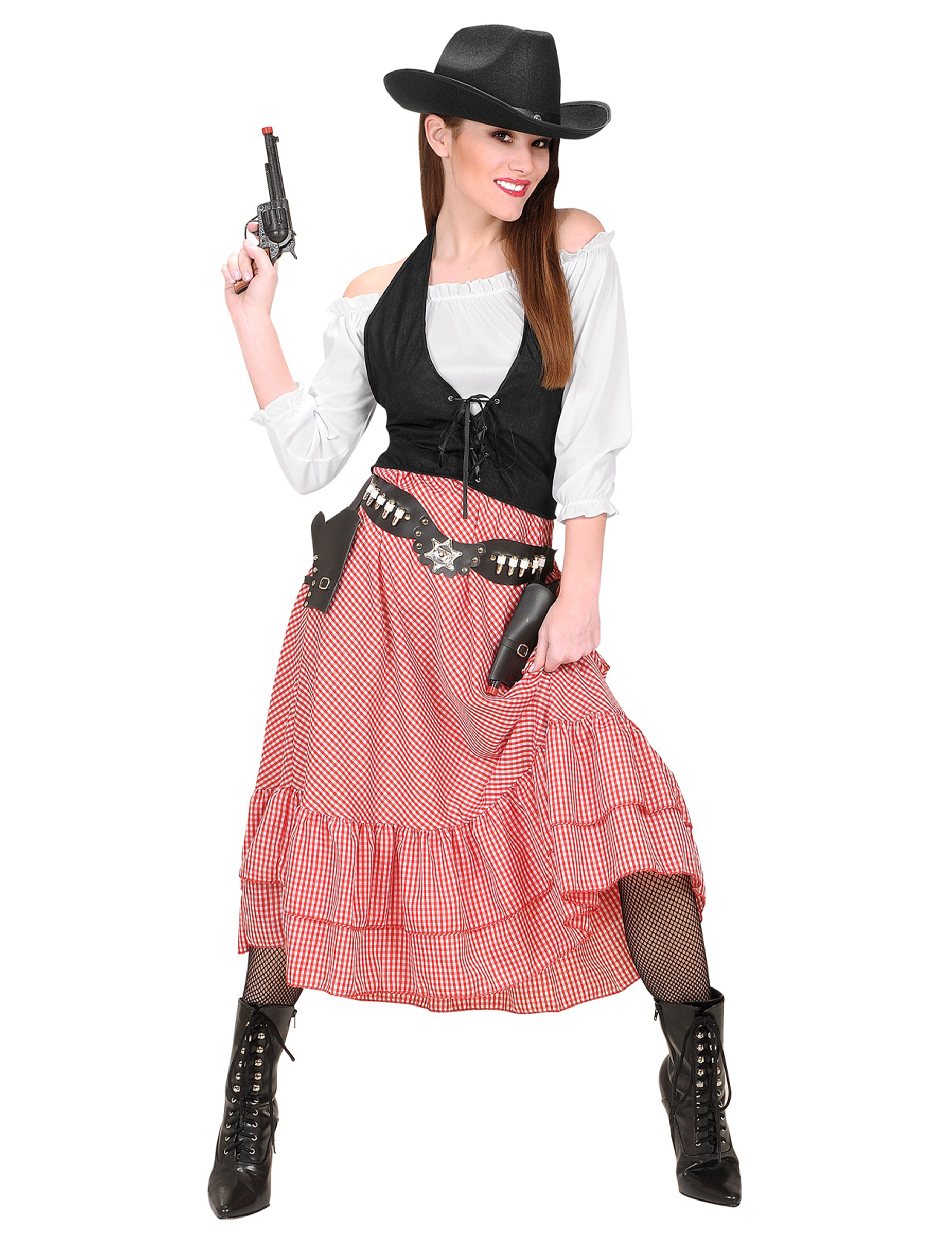 Wildwest Damenkostüm Cowgirl weiss-schwarz-rot von WIDMANN