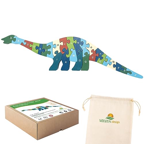 WIESEN.design Buchstaben Puzzle Dino, Montessori Spielzeug ab 3 Jahre, DIN EN71 geprüft und nachhaltig verpackt, Holzpuzzle Kinder, ABC Puzzle ab 3 Jahre, Motorikspielzeug und Buchstaben Lernen von WIESEN.design