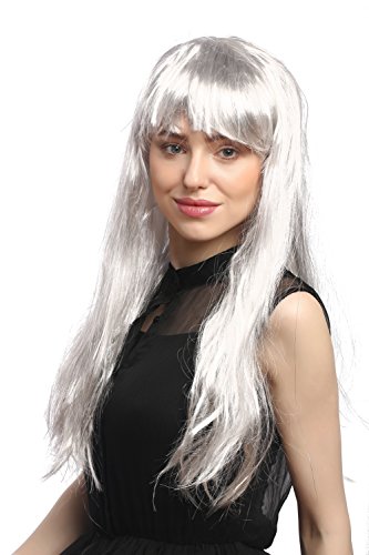 WIG ME UP - 31757-P309-Silver Perücke Damen Fasching Karneval Grau Silber Strähnen lang glatt Pony 65 cm von WIG ME UP