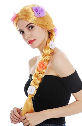 WIG ME UP - 31962-P35 Perücke Karneval Damen lang Zopf geflochten Goldblond Blond Blumen Girlande Goldmarie Hippie von WIG ME UP