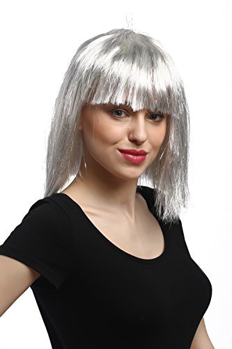 WIG ME UP - 90658-ZA68-silver Perücke Damen Karneval Halloween Schulterlang Pony Glatt Silber Grau mit Glitzer Lametta Disco Cyborg von WIG ME UP