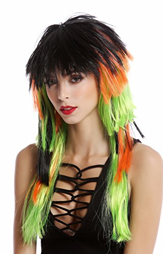 WIG ME UP - 90706-ZA103+ZA24+ZA15 Perücke Damen Herren Karneval Fanperücke Schwarz Orange Grün lang 80er Vokuhila gestuft von WIG ME UP