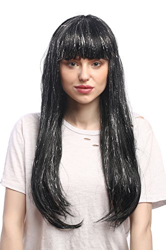 WIG ME UP - 90799-ZA103-silver Perücke Damen Karneval Fasching Schwarz Lang Glatt Pony Silber Glitter Strähnen Lametta 55 cm von WIG ME UP