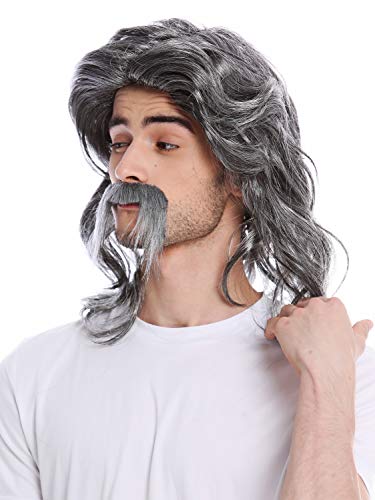 WIG ME UP - 91098-ZA63/ZA103 Perücke Bart Herren Schnauzbart lang Alter Gallier Germane Barde Proll Prolet 70er Jahre Vokuhila Grau Meliert von WIG ME UP