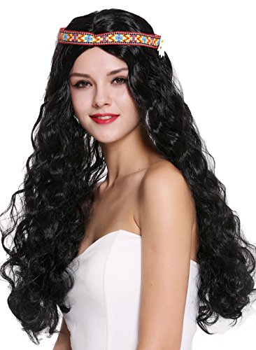 WIG ME UP - 91298-ZA103 Perücke Damen Herren Karneval Halloween Blumenkind Hippie 60er 70er lang schwarz wellig Mittelscheitel Stirnband Blume von WIG ME UP