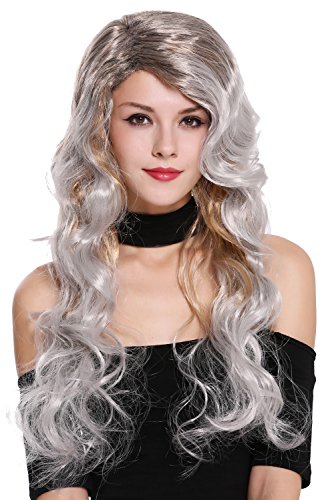 WIG ME UP - 91577 Perücke Damen Karneval Halloween lang wild gewellt extravagant Vamp Diva Blond Schwarz Grau Mix von WIG ME UP