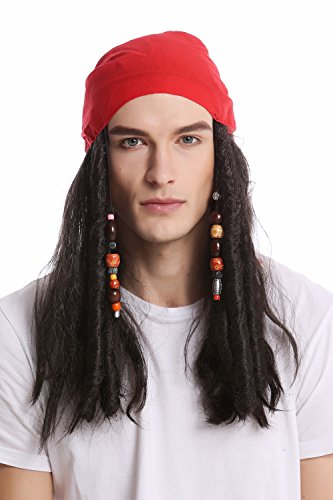 WIG ME UP - A72325-P1 Perücke & Bandana Kopftuch Damen Herren Karneval Halloween lang schwarz Perlen Piratin Pirat Seeräuber Rasta von WIG ME UP