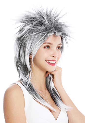 WIG ME UP - DH1069-P103TP60 Perücke Fasching Karneval Punk Vokuhila Rocker wild 80s Wave toupiert lang schwarz weiß von WIG ME UP