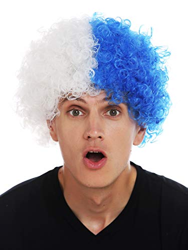 WIG ME UP - MMAM-15M Perücke Karneval Afro Fan-Perücke Fußball Weiß Blau Hälften geteilt von WIG ME UP