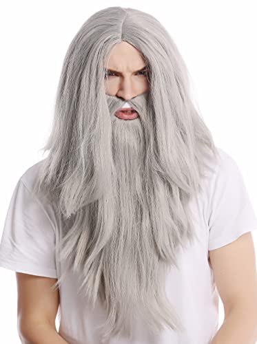 WIG ME UP - PW0210-ZA68E Perücke & Bart Halloween Karneval lang glatt grau Zauberer Knecht Ruprecht Prophet Alter Biker von WIG ME UP