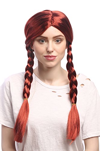 WIG ME UP - WG-7039-ZA350 Perücke Damen Karneval Fasching Rot Kupferrot lang geflochtene Zöpfe Mittelscheitel 60 cm von WIG ME UP