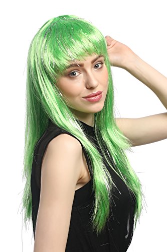 WIG ME UP - XR-003-PC15 Perücke Karneval Fasching Damen Nymphe lang glatt Pony Grün + Silberne Glitter Strähnen ca. 55 cm von WIG ME UP