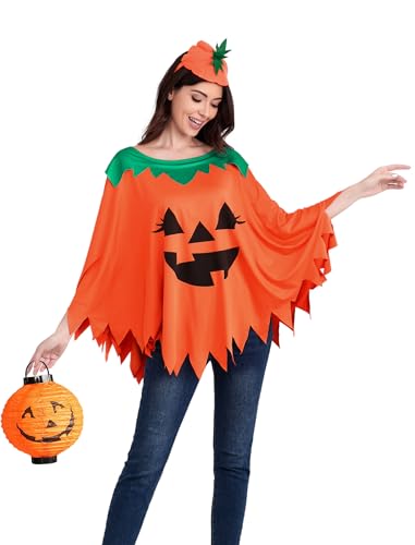 Damen Kürbis Kostüm Erwachsene Halloween Lustiger Kürbis Poncho mit Stirnband von WIIQFD