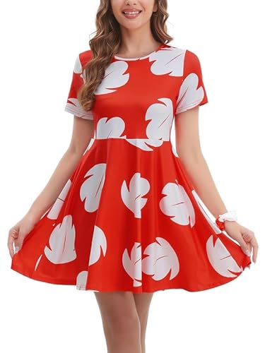 WIIQFD Damen Rotes Blatt Halloween Cartoon Kleid Prinzessin Hawaii Kurzarm Cosplay Lilo Kostüm mit Haarband XXL von WIIQFD