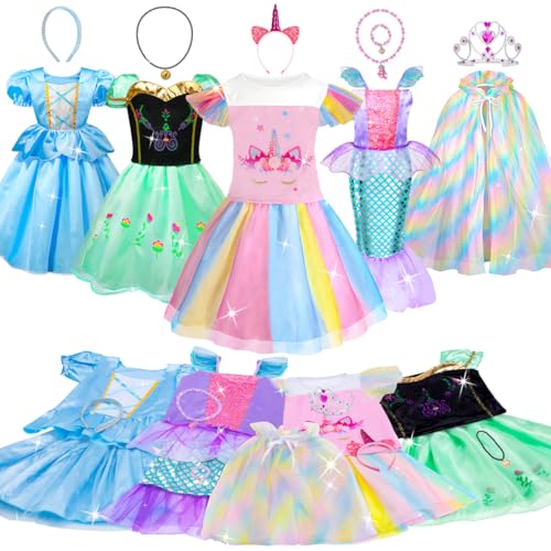 WIKITOT Prinzessin Kleid Mädchen, 5 Set Prinzessin Kostüm Mädchen mit Prinzessin Krone, Prinzessin Cape für mädchen 3-8 Jahre, Prinzessin Faschingskostüme Spielzeug für Geburtstag, Karneval, Cosplay von WIKITOT