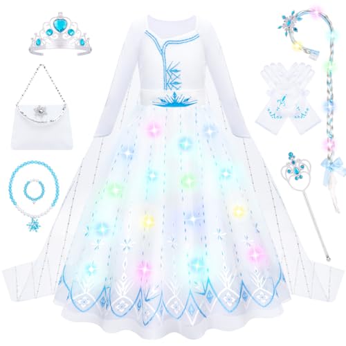 WIKITOT Leuchtendes Prinzessin Kostüm Mädchen,9 Stück Prinzessin Kleid Mädchen mit Glitzer Perücke&Weiße Handtasche für 3-10 Jahre,Faschingskostüme Kinder für Karneval,Halloween,Geburtstag,Cosplay,110 von WIKITOT