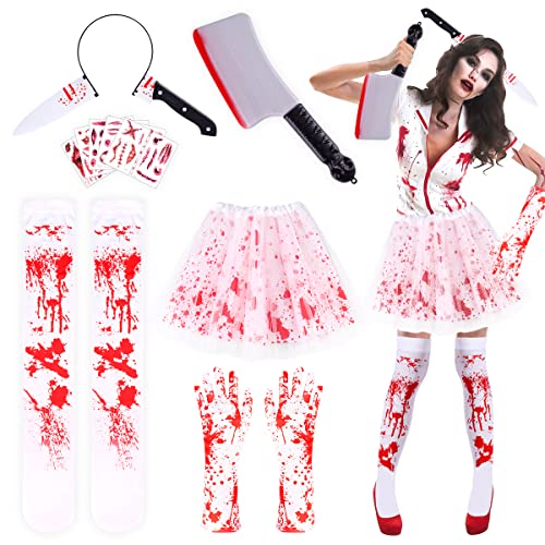 17PCS Karneval Blut Kostüm Damen Set, Tutu-Röcken und Strümpfen Blutbefleckten, Messer-Stirnband, Machete, Handschuhen,Tattoo-Aufklebern, Fasching Kostüm Damen Horror Deko Erwachsene Party Cosplay von WILDPARTY