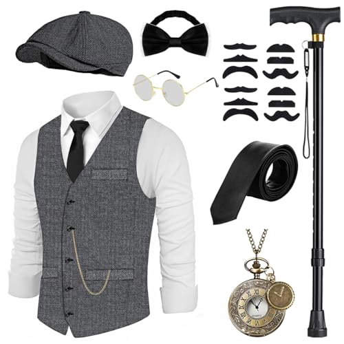20er Jahre Kostüm Herren Weste mit Accessories, Faltbare Krücke Taschenuhr Bart Barett Gläser, Krawatte, Fliege, für Mafia Kostüm 1920S Gangster Peaky Blinders Karneval Halloween Mottoparty 20er Jahre Kostüm Herren Weste mit Accessories, Faltbare Krücke Taschenuhr Bart Barett Gläser, Krawatte, Fliege, für Mafia Kostüm 1920S Gangster Peaky Blinders Karneval Halloween Mottoparty von WILDPARTY