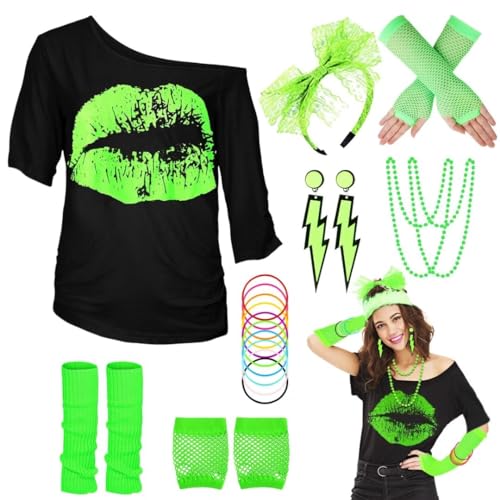 80er 90er Jahre Outfit Damen, I Love 80s T-Shirt, Beinwärmer, Stirnband, Ohrring, Halskette, Netzhandschuhe, 80er 90er Jahre Kostüm Mottoparty Accessoires JD-80SMouth-Green-3XL Made In China von WILDPARTY