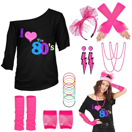 80er 90er Jahre Outfit Damen, I Love 80s T-Shirt, Beinwärmer, Stirnband, Ohrring, Halskette, Netzhandschuhe, 80er 90er Jahre Kostüm Mottoparty Accessoires Kleidung Neon Party Karneval Fasching Damen von WILDPARTY