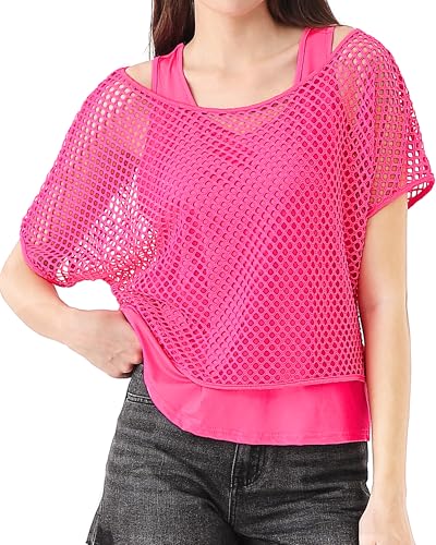 WILDPARTY 80er 90er Jahre Outfit Damen, Netzoberteil Tank top, Netzshirt Mesh Oberteil, Kostüm 80er Jahre Neon Shirt 80s Aerobic Outfit Off Shoulder Mottoparty Karneval Fasching Kleidung von WILDPARTY