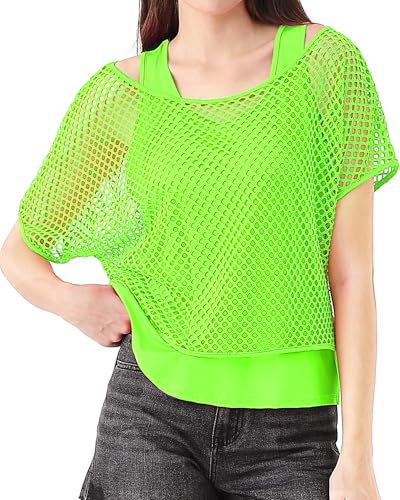 WILDPARTY 80er 90er Jahre Outfit Damen, Netzoberteil Tank top, Netzshirt Mesh Oberteil, Kostüm 80er Jahre Neon Shirt 80s Aerobic Outfit Off Shoulder Mottoparty Karneval Fasching Kleidung von WILDPARTY