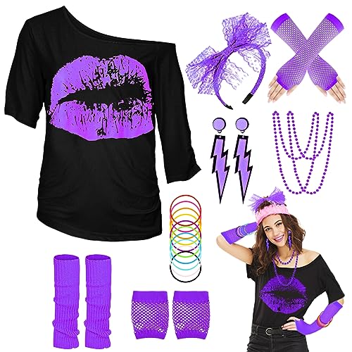 WILDPARTY 80er 90er Jahre Outfit Damen, T-Shirt, Beinwärmer, Stirnband, Ohrring, Halskette, Netzhandschuhe, 80er 90er Jahre Kostüm Mottoparty Accessoires Kleidung Neon Party Karneval Fasching JD von WILDPARTY