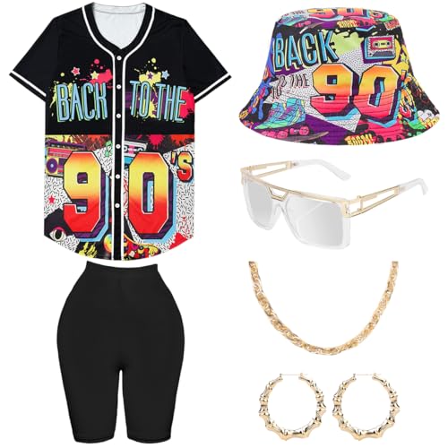 80er 90er Jahre Outfit Damen Yoga Leggings, Hip Hop Lockere Oberteile Fischerhüte Gläser Ohrringe Halskette, Kostüm 80er Jahre Accessoires Baseball Shirt Karneval Mottoparty Bad Taste von WILDPARTY