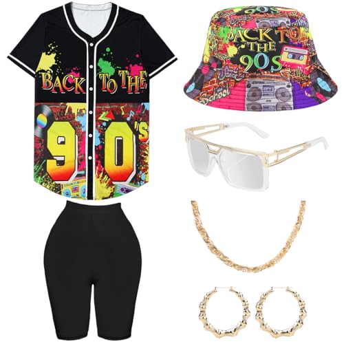 80er 90er Jahre Outfit Damen, Hip Hop Kostüm Lockere Oberteile Yoga Hose Fischerhüte Gläser Ohrringe Halskette, 1980 Accessoires Bunte Rapper Shirt Karneval Mottoparty Bad Taste von WILDPARTY