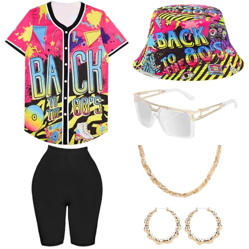 80er 90er Jahre Outfit Damen, Hip Hop Kostüm Lockere Oberteile Yoga Hose Fischerhüte Gläser Ohrringe Halskette, 1980 Accessoires Bunte Rapper Shirt Karneval Mottoparty Bad Taste von WILDPARTY