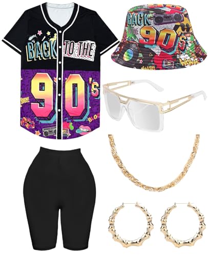 80er 90er Jahre Outfit Damen Yoga Leggings, Hip Hop Lockere Oberteile Fischerhüte Gläser Ohrringe Halskette, Kostüm 80er Jahre Accessoires Bunte Baseball Shirt Karneval Mottoparty Bad Taste von WILDPARTY