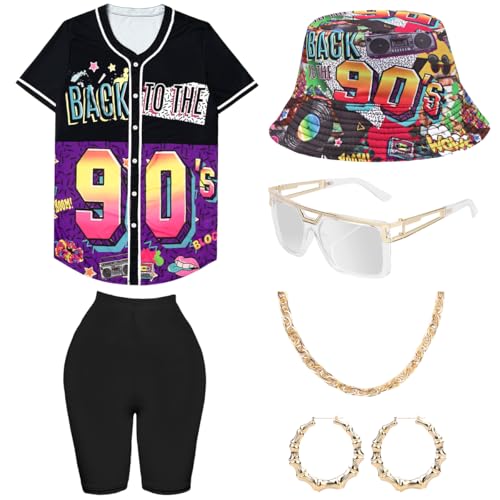 80er 90er Jahre Outfit Damen Yoga Leggings, Hip Hop Lockere Oberteile Fischerhüte Gläser Ohrringe Halskette, Kostüm 80er Jahre Accessoires Bunte Baseball Shirt Karneval Mottoparty Bad Taste von WILDPARTY