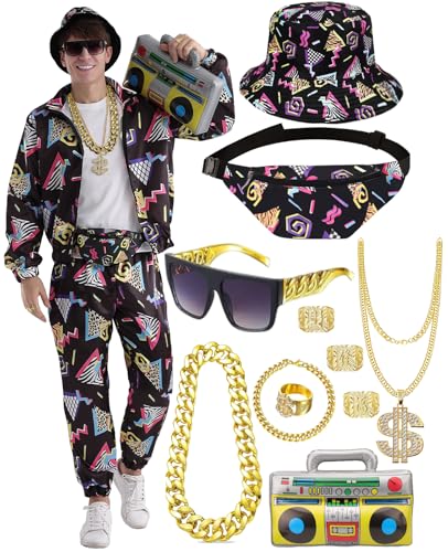 80er 90er Jahre Trainingsanzug Outfit Herren, Kostüm Jogginganzug Hose Set, Aufblasbarer Ghettoblaster Bauchtasche Sonnenbrille Hut Halskette Armband Ring, Hip Hop Sportbekleidung Karneval Mottoparty von WILDPARTY