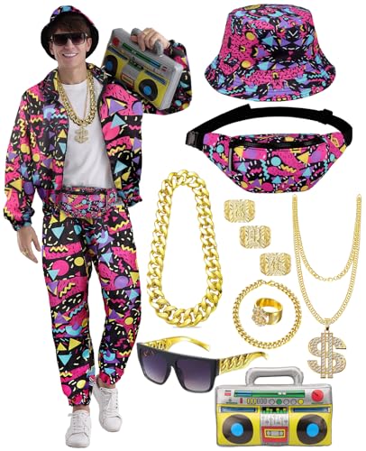 80er 90er Jahre Trainingsanzug Outfit Herren, Kostüm Jogginganzug Hose Set, Aufblasbarer Ghettoblaster Bauchtasche Sonnenbrille Hut Halskette Armband Ring, Hip Hop Sportbekleidung Karneval Mottoparty 80er 90er Jahre Trainingsanzug Outfit Herren, Kostüm Jogginganzug Hose Set, Aufblasbarer Ghettoblaster Bauchtasche Sonnenbrille Hut Halskette Armband Ring, Hip Hop Sportbekleidung Karneval Mottoparty von WILDPARTY