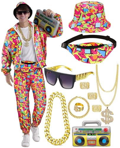 80er 90er Jahre Trainingsanzug Outfit Herren, Kostüm Jogginganzug Hose Set, Aufblasbarer Ghettoblaster Bauchtasche Sonnenbrille Hut Halskette Armband Ring, Hip Hop Sportbekleidung Karneval Mottoparty 80er 90er Jahre Trainingsanzug Outfit Herren, Kostüm Jogginganzug Hose Set, Aufblasbarer Ghettoblaster Bauchtasche Sonnenbrille Hut Halskette Armband Ring, Hip Hop Sportbekleidung Karneval Mottoparty von WILDPARTY