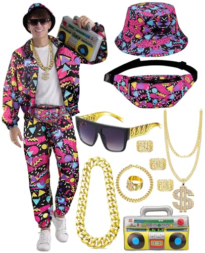 80er 90er Jahre Trainingsanzug Outfit Herren, Kostüm Jogginganzug Hose Set, Aufblasbarer Ghettoblaster Bauchtasche Sonnenbrille Hut Halskette Armband Ring, Hip Hop Sportbekleidung Karneval Mottoparty 80er 90er Jahre Trainingsanzug Outfit Herren, Kostüm Jogginganzug Hose Set, Aufblasbarer Ghettoblaster Bauchtasche Sonnenbrille Hut Halskette Armband Ring, Hip Hop Sportbekleidung Karneval Mottoparty von WILDPARTY