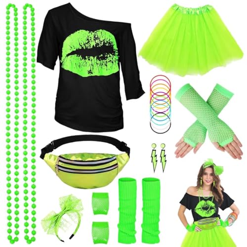 WILDPARTY 80er Jahre Outfit Damen Set, T-Shirt, Tutu, Gürteltasche, Stirnband, Ohrring, Halskette, Netzhandschuhe, 80er Jahre Kleidung Kostüm Neon Accessoires Party Karneval Clothes-80SMouth-Green-XL von WILDPARTY