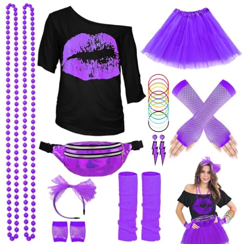 80er Jahre Outfit Damen Set, T-Shirt, Tutu, Gürteltasche, Stirnband, Ohrring, Halskette, Netzhandschuhe, 80er Jahre Kleidung Kostüm Neon Accessoires Thema Party Karneval Clothes-80SMouth-Purple-2XL von WILDPARTY