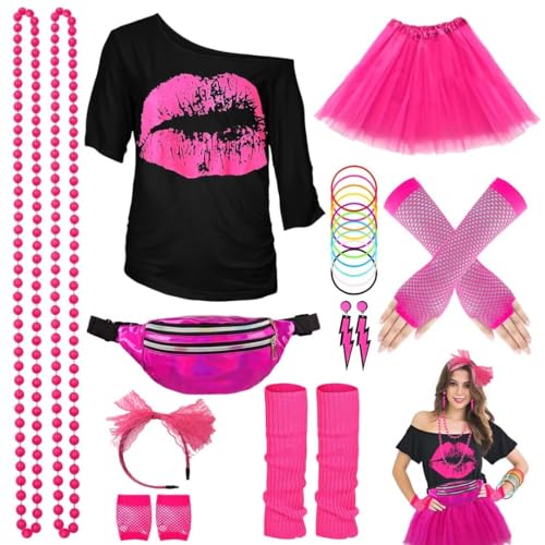 80er Jahre Outfit Damen Set, T-Shirt, Tutu, Gürteltasche, Stirnband, Ohrring, Halskette, Netzhandschuhe, 80er Jahre Kleidung Kostüm Neon Accessoires Thema Party Karneval Damen Frauen Made In China von WILDPARTY