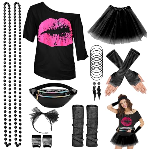 WILDPARTY 80er Jahre Outfit Damen Set, T-Shirt, Tutu, Gürteltasche, Stirnband, Ohrring, Halskette, Netzhandschuhe, 80er Jahre Kleidung Kostüm Neon Accessoires Party Karneval Clothes-80SMouth-Black-XL von WILDPARTY