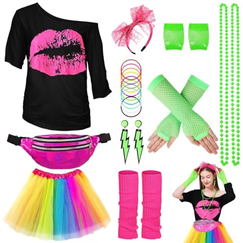 WILDPARTY 80er Jahre Outfit Damen Set, T-Shirt, Tutu, Gürteltasche, Stirnband, Ohrring, Halskette, Netzhandschuhe, 80er Jahre Kleidung Kostüm Neon Accessoires Thema Party Karneval Damen Frauen von WILDPARTY