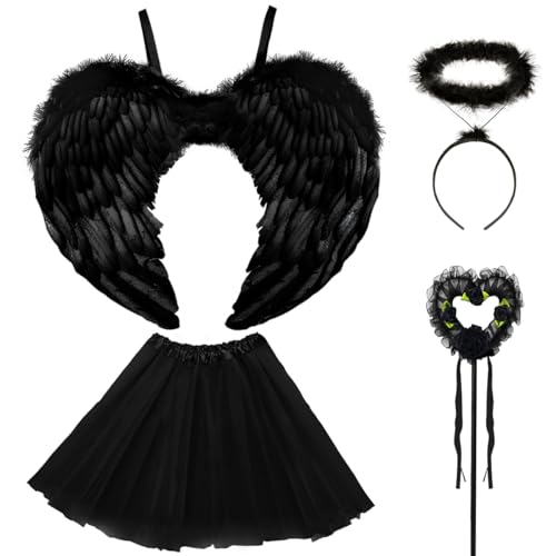 Engel Kostüm Damen Schwarz, TUTU-Rock, Engel Flüge, Heiligenschein und Zauberstab, Engelsflügel Deko Kostüm Schwarz Flügel und TUTU-Rock, Halloween Kostüme Cosplay Erwachsenes Angel-Black-60cm-B von WILDPARTY