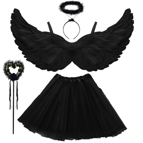 Engel Kostüm Damen Schwarz, TUTU-Rock, Engel Flüge, Heiligenschein und Zauberstab, Engelsflügel Deko Kostüm Schwarz Flügel und TUTU-Rock, Halloween Kostüme Karneval Party Cosplay Erwachsenes von WILDPARTY