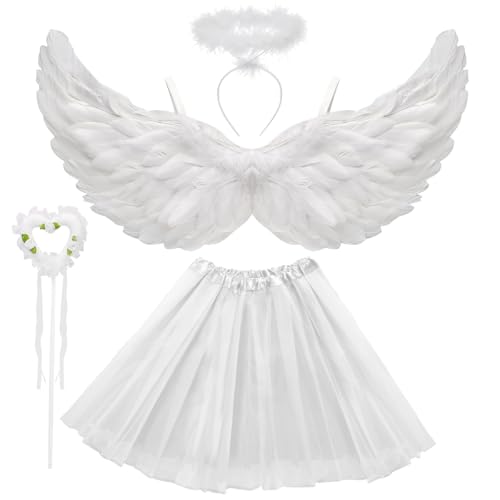 Engel Kostüm Damen Weiße, Tutu-Rock, Engel Flüge, Heiligenschein und Zauberstab, Engelsflügel Deko Kostüm Weiße Tutu-Rock, Weiße Flügel, Halloween Kostüme Karneval Party Cosplay Erwachsenes von WILDPARTY