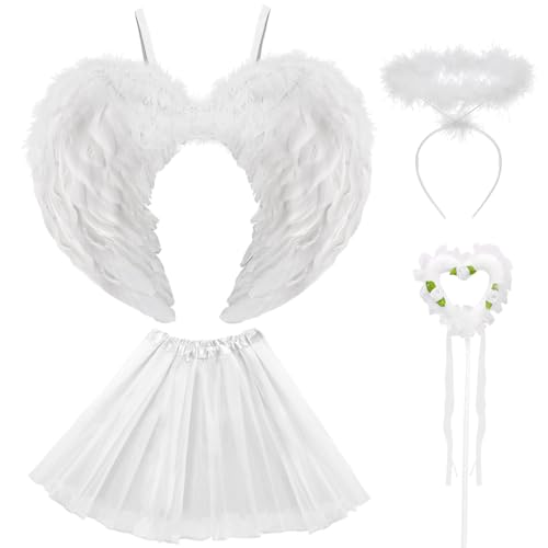 Engel Kostüm Damen Weiße, Tutu-Rock, Engel Flüge, Heiligenschein und Zauberstab, Engelsflügel Deko Kostüm Weiße Tutu-Rock, Weiße Flügel, Halloween Kostüme Cosplay Erwachsenes Angel-White-60cm-B von WILDPARTY