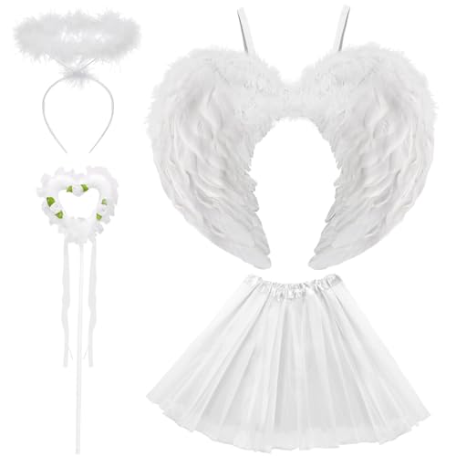 Engel Kostüm Damen Weiße, Tutu-Rock, Engel Flüge, Heiligenschein und Zauberstab, Engelsflügel Deko Kostüm Weiße Tutu-Rock, Weiße Flügel, Halloween Kostüme Cosplay Erwachsenes Angel-White-60cm-B von WILDPARTY